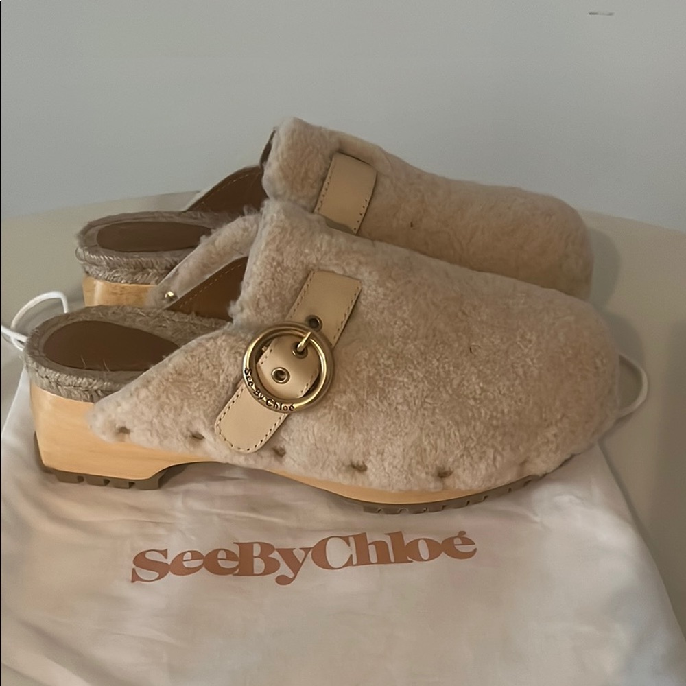 See by Chloé Shearling Clogs with Buckle